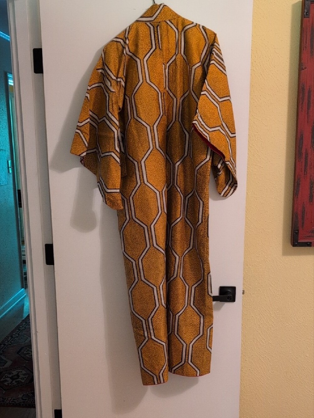 Honeycomb Pattern Long Robe / Kimono - Mustard Yellow & White - Picture 2 of 5